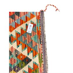 Chobi Kilim rug, over geometric design, decorated with multi-coloured stepped lozenges