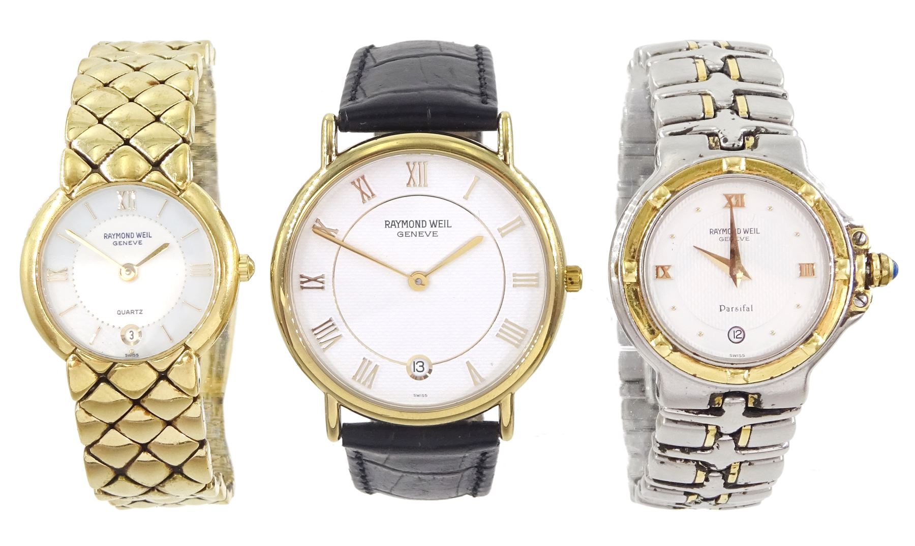 Three Raymond Weil quartz wristwatches including Parsifal and two gold-plated