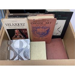 Collection of reference books, to include The art of Etching, Introduction to Chinese art, The History and Techniques of the Great Masters, Drawings of Michelangelo, etc in two boxes 
