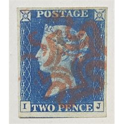 Great Britain Queen Victoria 1840 two pence blue stamp, red MX cancel
