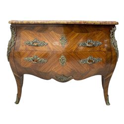 Late 20th century Louis XV design Kingwood and rosewood bombe commode chest, shaped ovolo-moulded variegated marble top, fitted with two drawers, scrolling foliate cast gilt metal handles and mounts