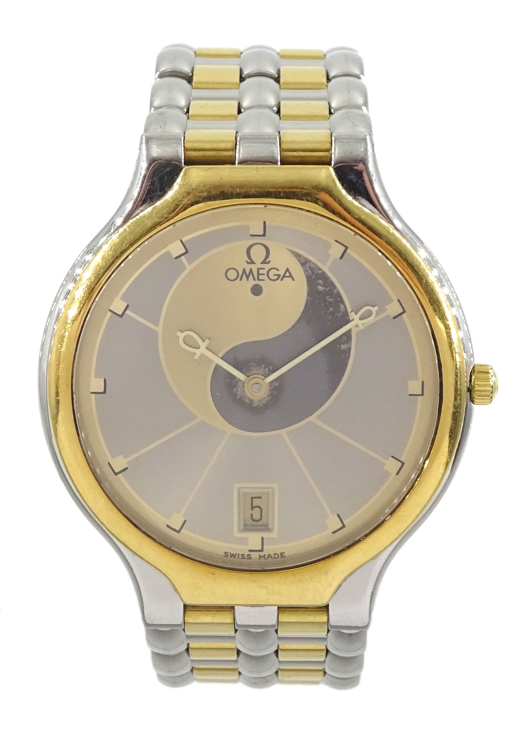 Omega gold and stainless steel quartz bracelet wristwatch, Cal. 1441, grey and champagne Yin Yang dial, with  Egyptian Ankh hands, seven Omega dials including Omega Seamaster black guilloche dial with subsidiary dials, champagne, Sun symbol, Ying Yan and Anka, Omega stainless steel bracelet, Omega leather straps with gilt Omega buckle's, crowns, buckles and lugs