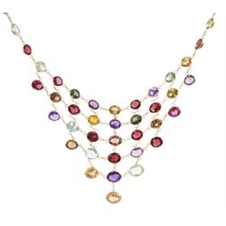 14ct gold multi gemstone set fringe necklace, including amethyst, topaz and garnet