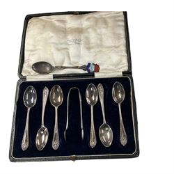 cased sets of six silver teaspoons and one sugar tongs, hallmarked together with another s...