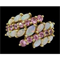 9ct gold five row marquise cut opal and pink sapphire ring, hallmarked