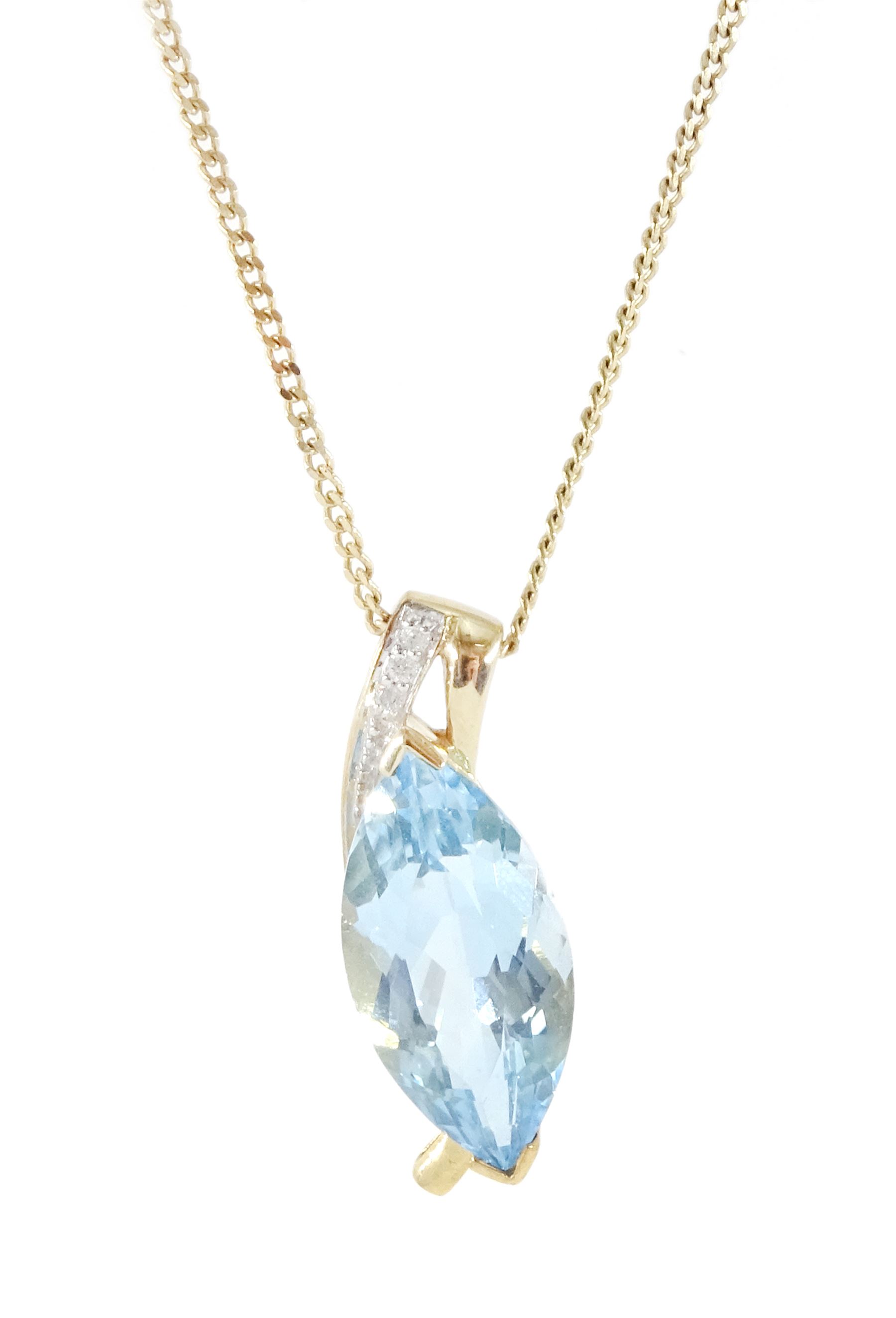 9ct gold marquise cut sky blue topaz and round brilliant cut diamond pendant necklace, hallmarked, topaz approx 7.35 carat