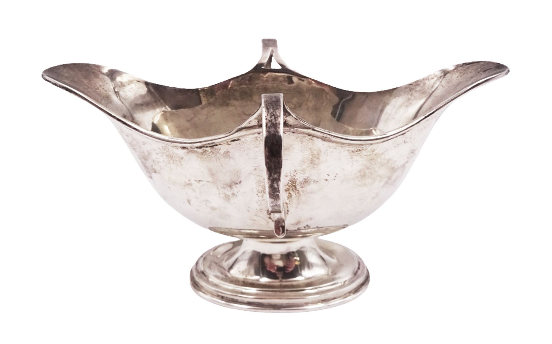 Edwardian silver twin handled pedestal dish, of navette shaped form, with twin loop handles, upon a stepped oval pedestal, hallmarked William Neale, Birmingham 1907, H9cm