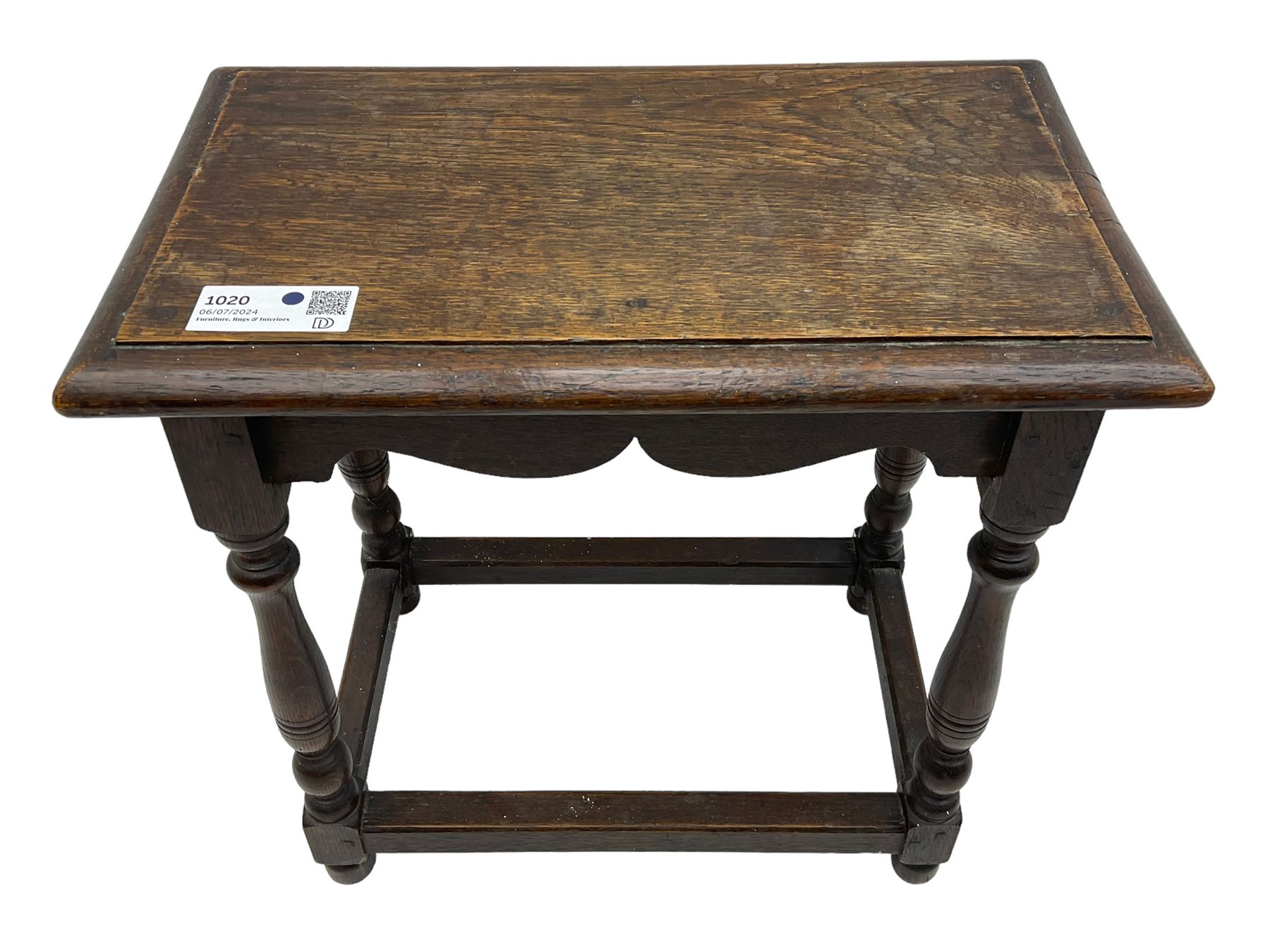 17th century design oak joint stool, moulded rectangular top on turned supports united by plain stretchers 