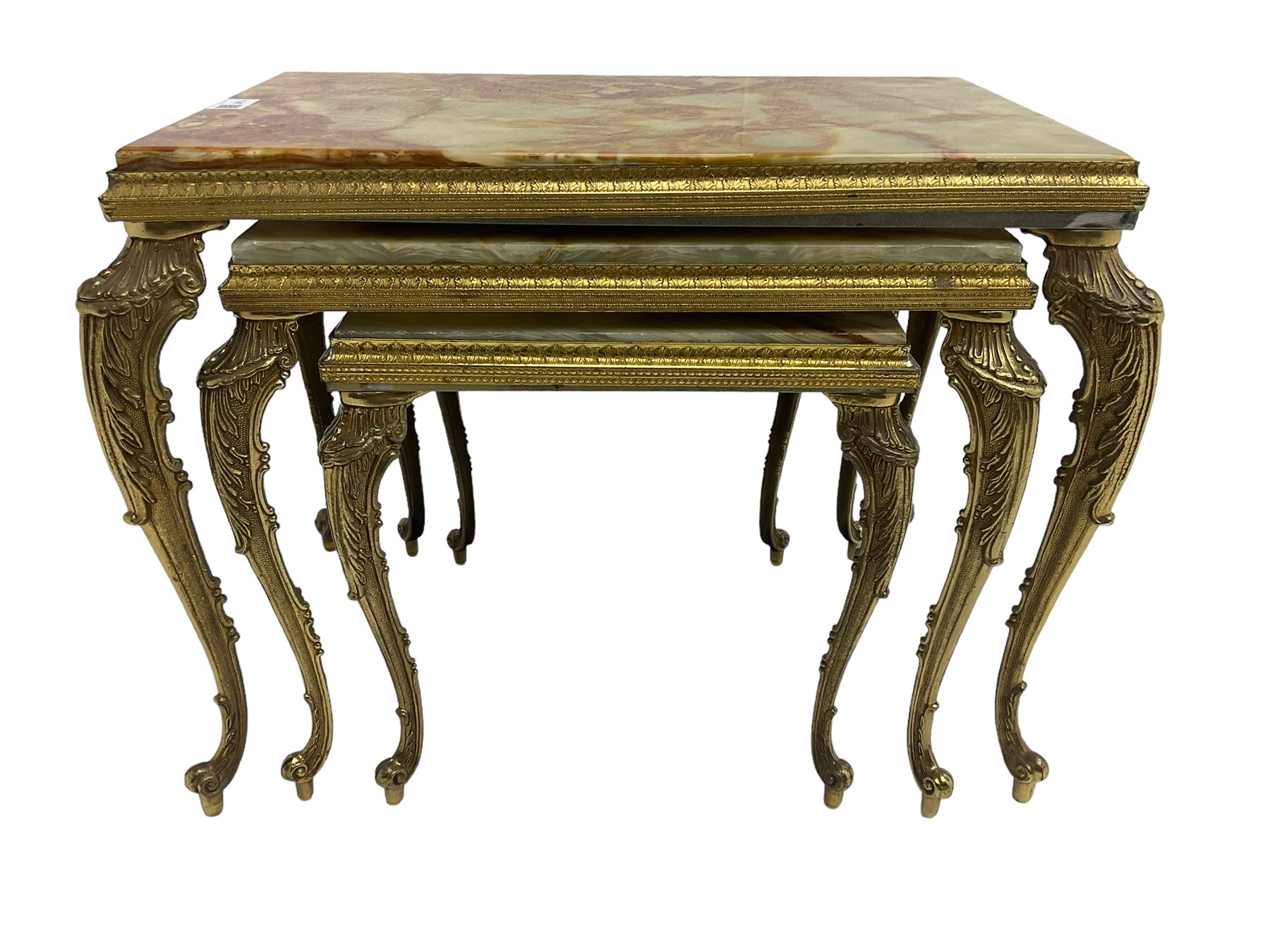 Mid-20th century Italian design onyx and gilt metal nest of three tables, rectangular tops raised on foliate decorated cabriole supports