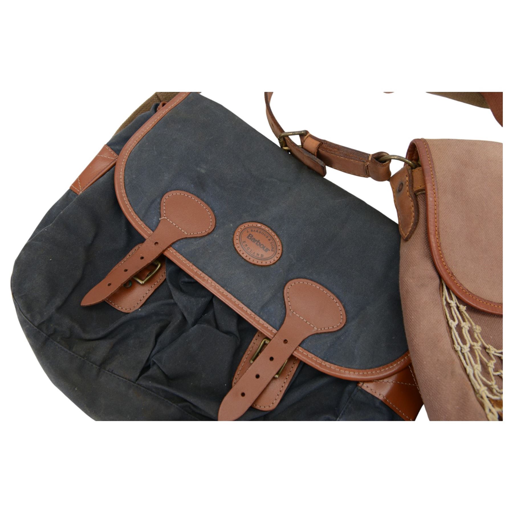 Brady of Halesowen large canvas and leather game bag with shoulder strap, together with Barbour fishing bag, and Gamebird shooting stick