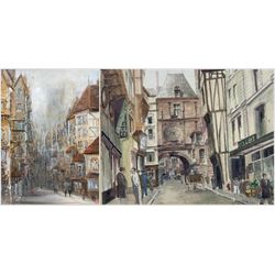 H V G Wallis (British 20th Century): The Great Clock - Rouen, watercolour signed; Continental School (Early 20th Century): View of Street and Cathedral, oil on board indistinctly signed, both housed in swept gilt frames max 29cm x 22cm (2)