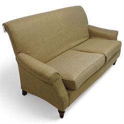 Multi-York - traditional shape two seat sofa, rolled back and arms over loose seat cushions, all upholstered in camel herringbone tweed fabric, on turned feet