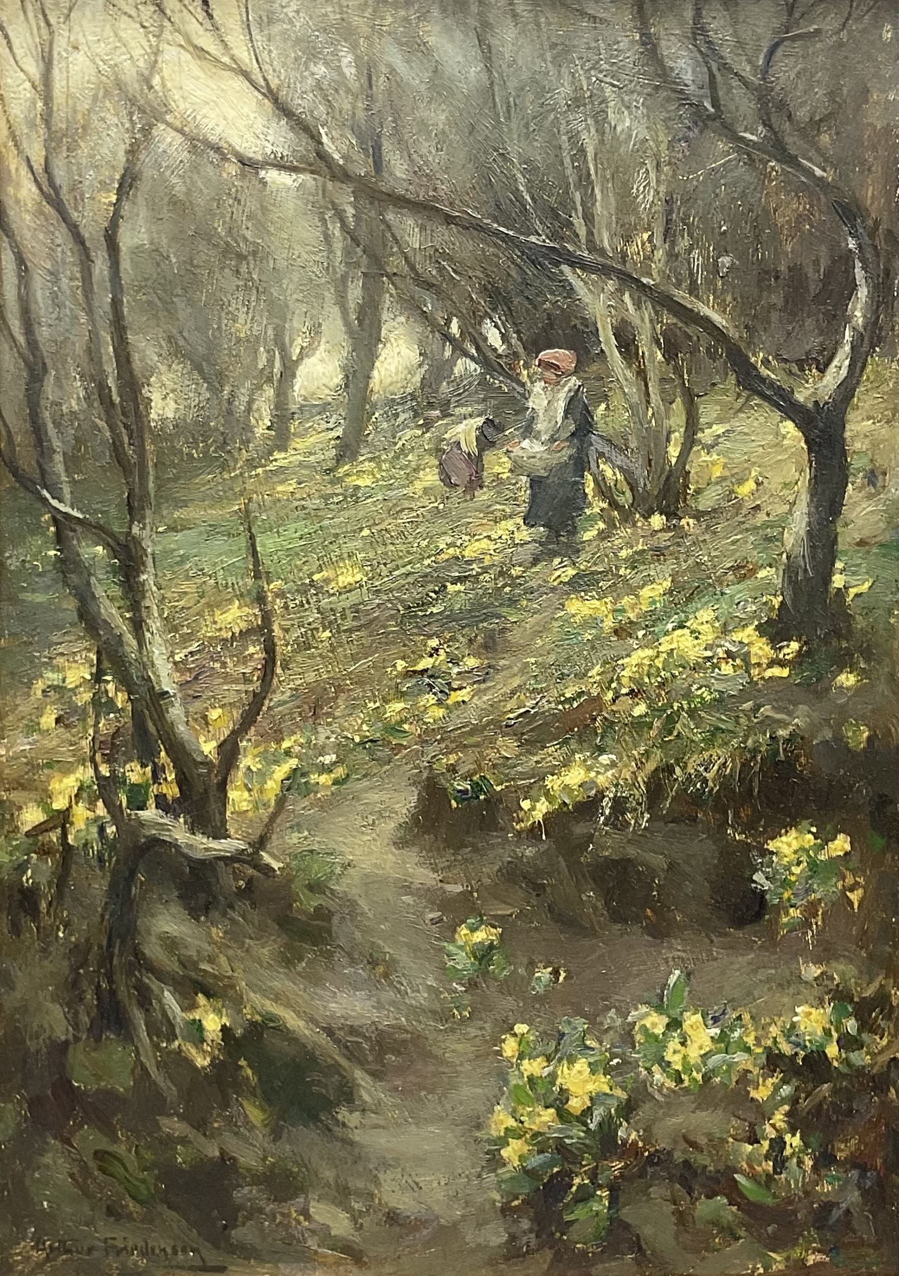 Arthur A Friedenson (Staithes Group 1872-1955): The Primrose Gatherers, oil on panel signed 25cm x 35cm