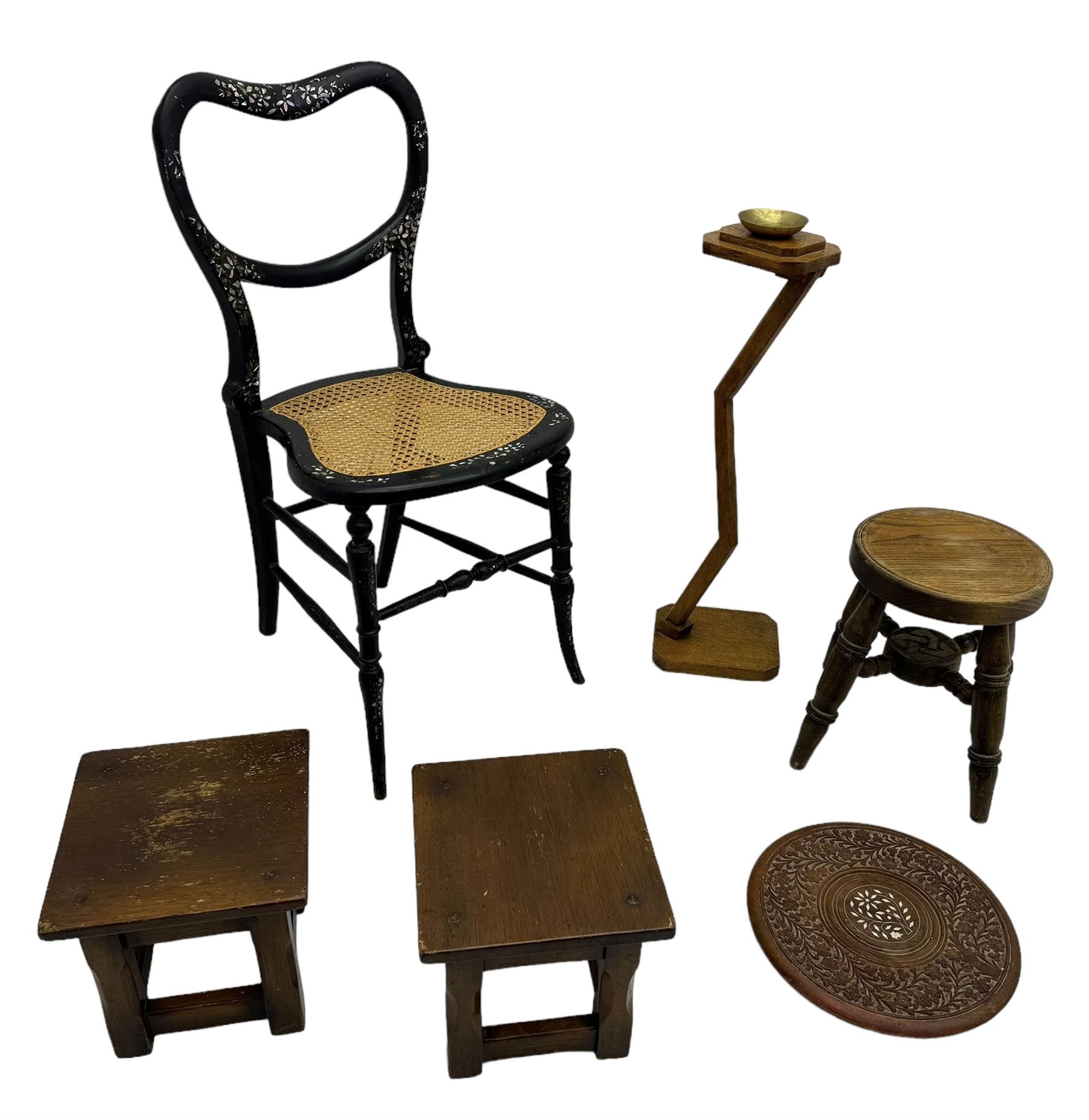 Victorian mother-of-pearl inlaid side chair; pair of miniature oak square stools; round stool; display stand with zigzag support column and brass dish; and a carved inlaid hardwood table top (6)