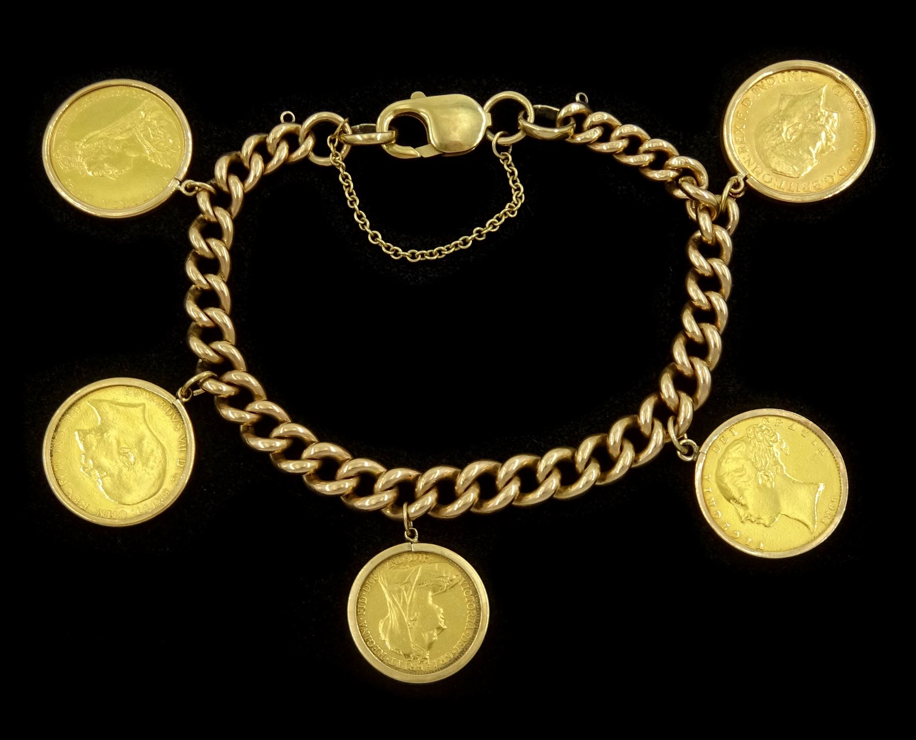 9ct gold curb link chain bracelet, with four gold full sovereign coins dated 1869 (shield back), 1888, 1910 and 1911 and one queen Victoria 1899 half sovereign gold coin, all loose mounted in 9ct gold pendants