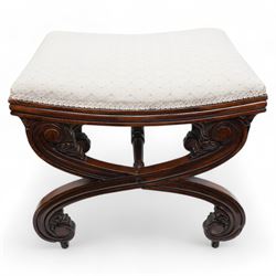 Early 19th century mahogany stool, the dished seat upholstered in cream fabric with repeat...