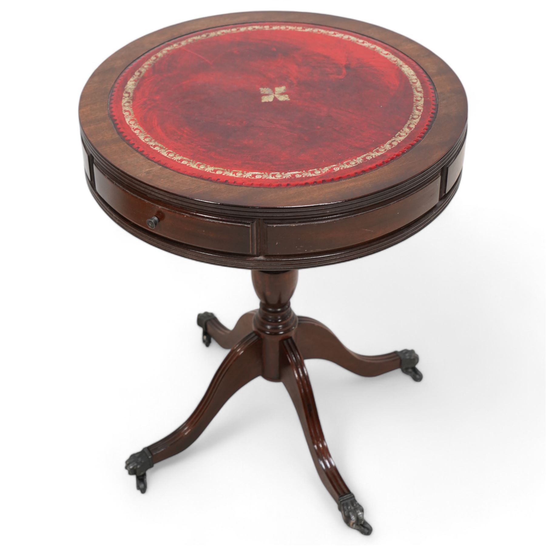 Georgian design mahogany drum table, circular red leather inset top, turned pedestal on splayed supports