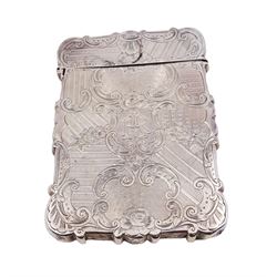 Victorian silver card case, of rectangular form with shaped edges, engine turned and floral decoration, with engraved hallmarked Nathaniel Mills, Birmingham 1845, H10cm