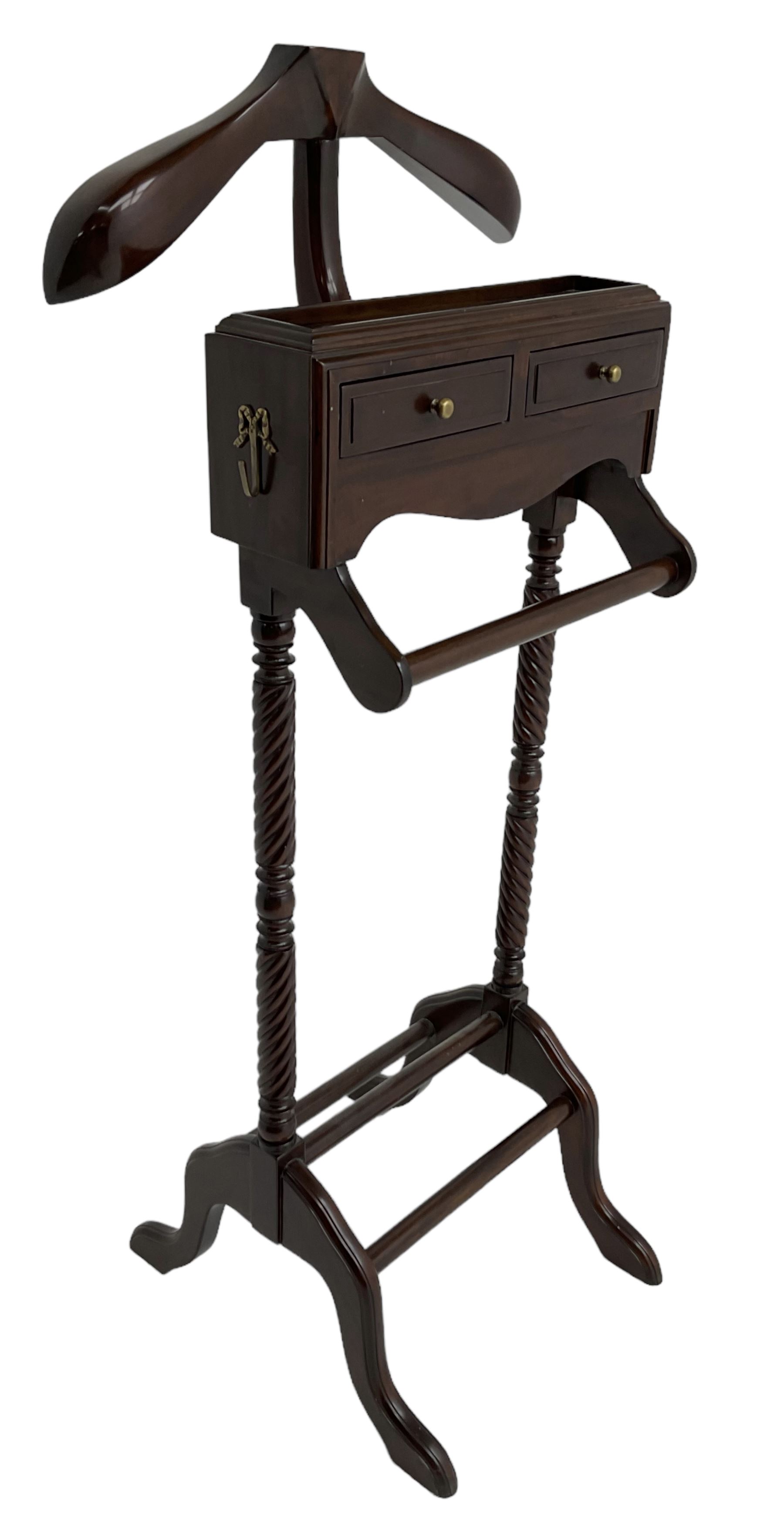 Regency design mahogany dumb-valet, fitted with jacket hanger, over two drawers and rail, twist-turned upright supports, on splayed feet united by shoe rests