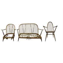 Lucian Ercolani for Ercol - beech framed settee (W135cm); beech framed easy chair (W71cm); beech and elm elbow chair (W62cm)