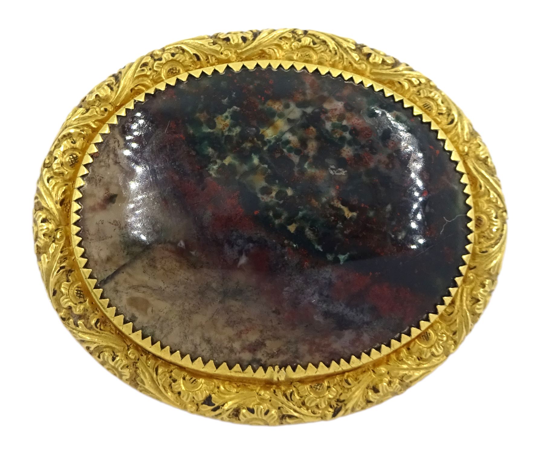 Victorian single stone moss agate brooch, in gold embossed foliate decoration mount