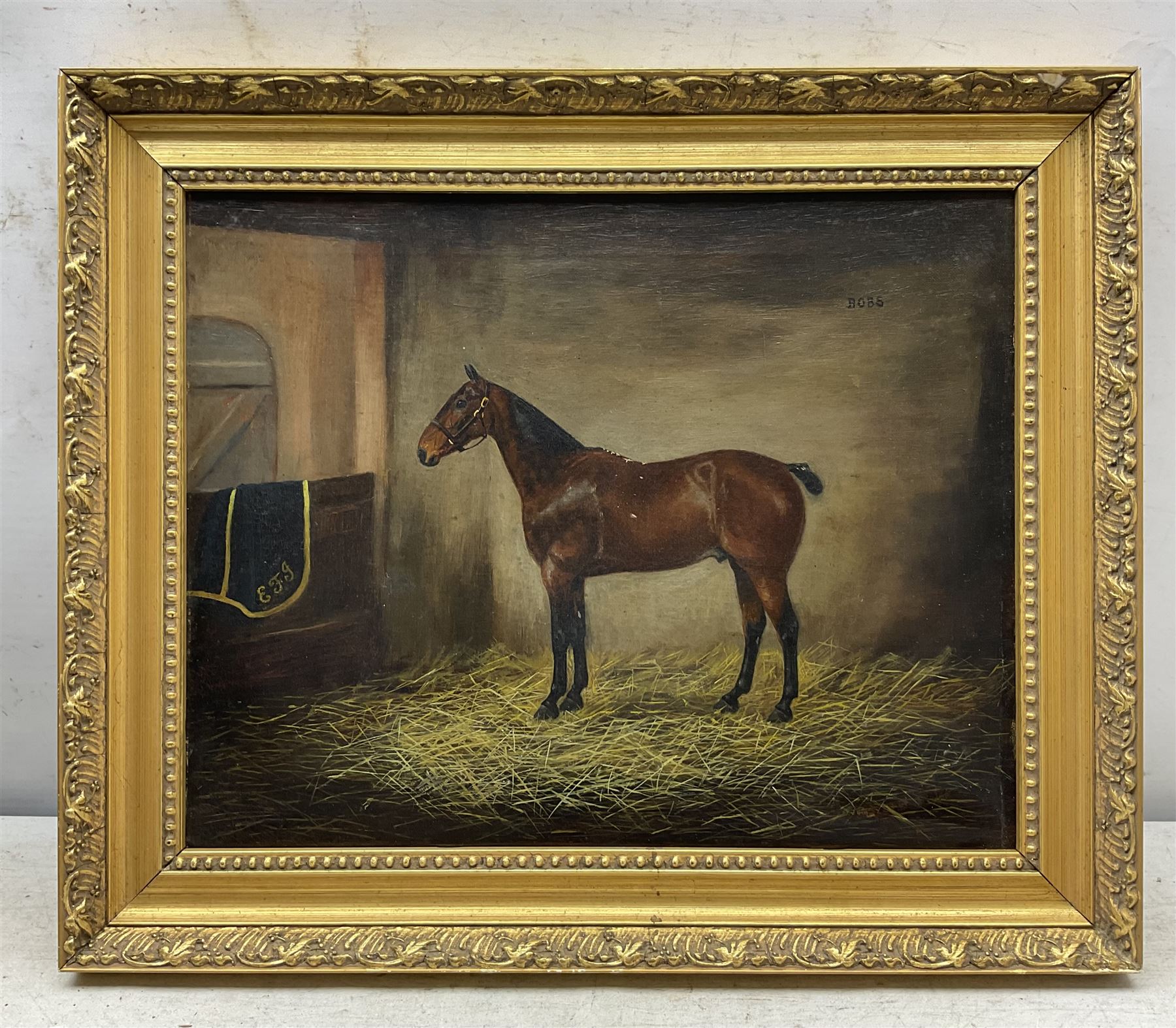 Margaret Wynn (British Early 20th Century): Portrait of Horse 'Bobs' in Stable, oil on canvas signed 31cm x 40cm 