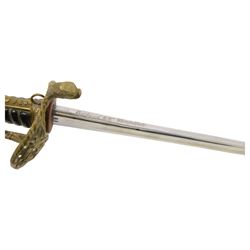 Reproduction 1870s French naval officers sword, with slightly curved single edge blade, brass hilt with dolphin quillon and anchor amidst a pierced floral hilt, wire bound grip, in brass mounted leather scabbard, overall L84cm