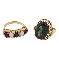 Gold five stone opal and garnet ring and a gold green stone set ring, both 9ct 