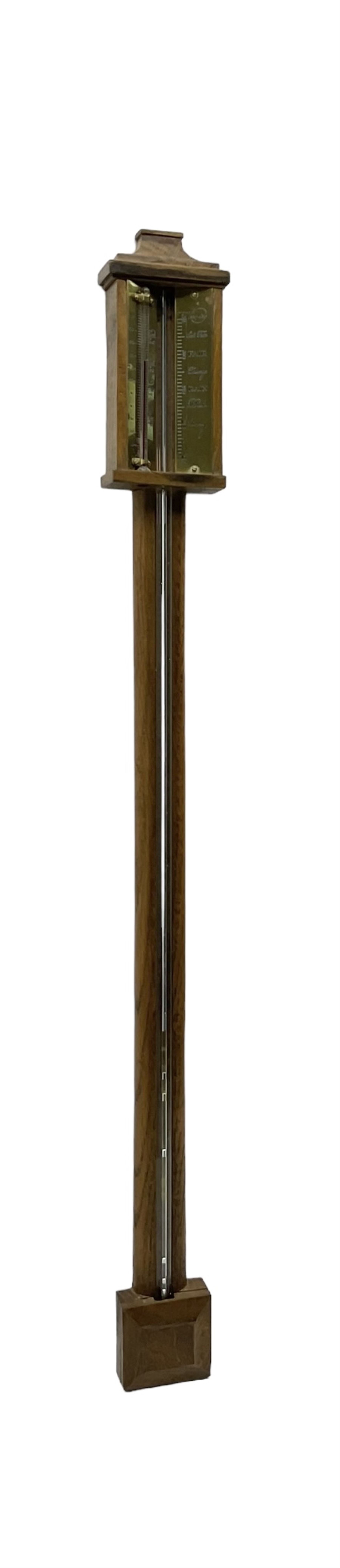 Replica 18th century mercury stick barometer, with a plain concave shaped top and square cistern cover, fully exposed cistern tube and engraved brass register with predictions, spirit thermometer recording the temperature in degrees Fahrenheit.