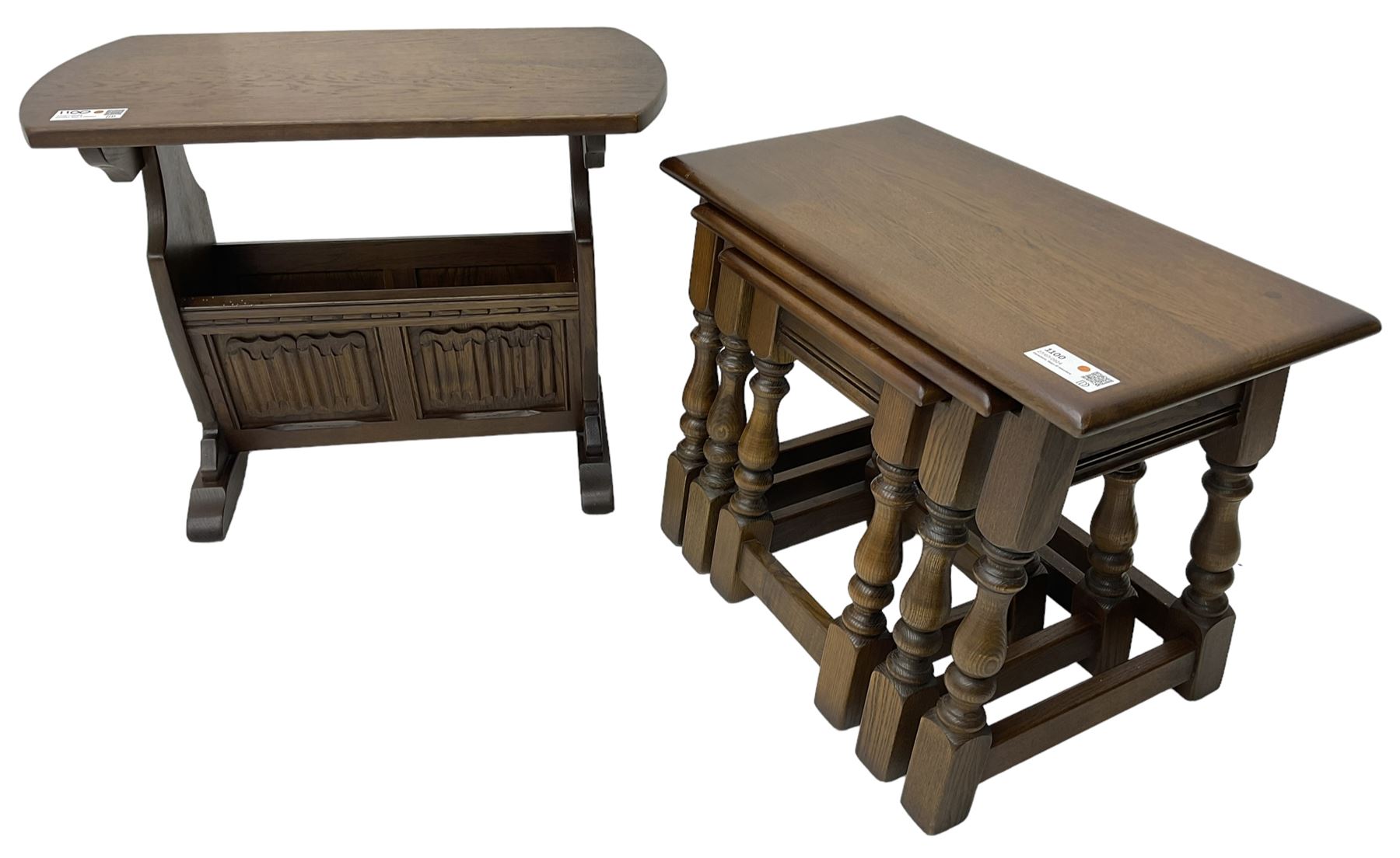 Old Charm - oak nest of three tables (W61cm, D33cm, H45cm); magazine table with carved linenfold detail (W66cm, D36cm, H51cm) (2)