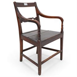 George III elm elbow chair, shaped pierced centre rail, two plank solid seat, raised on square supports with inner chamfer united by stretchers