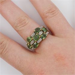 9ct gold three row oval cut green sapphire and diamond ring, hallmarked