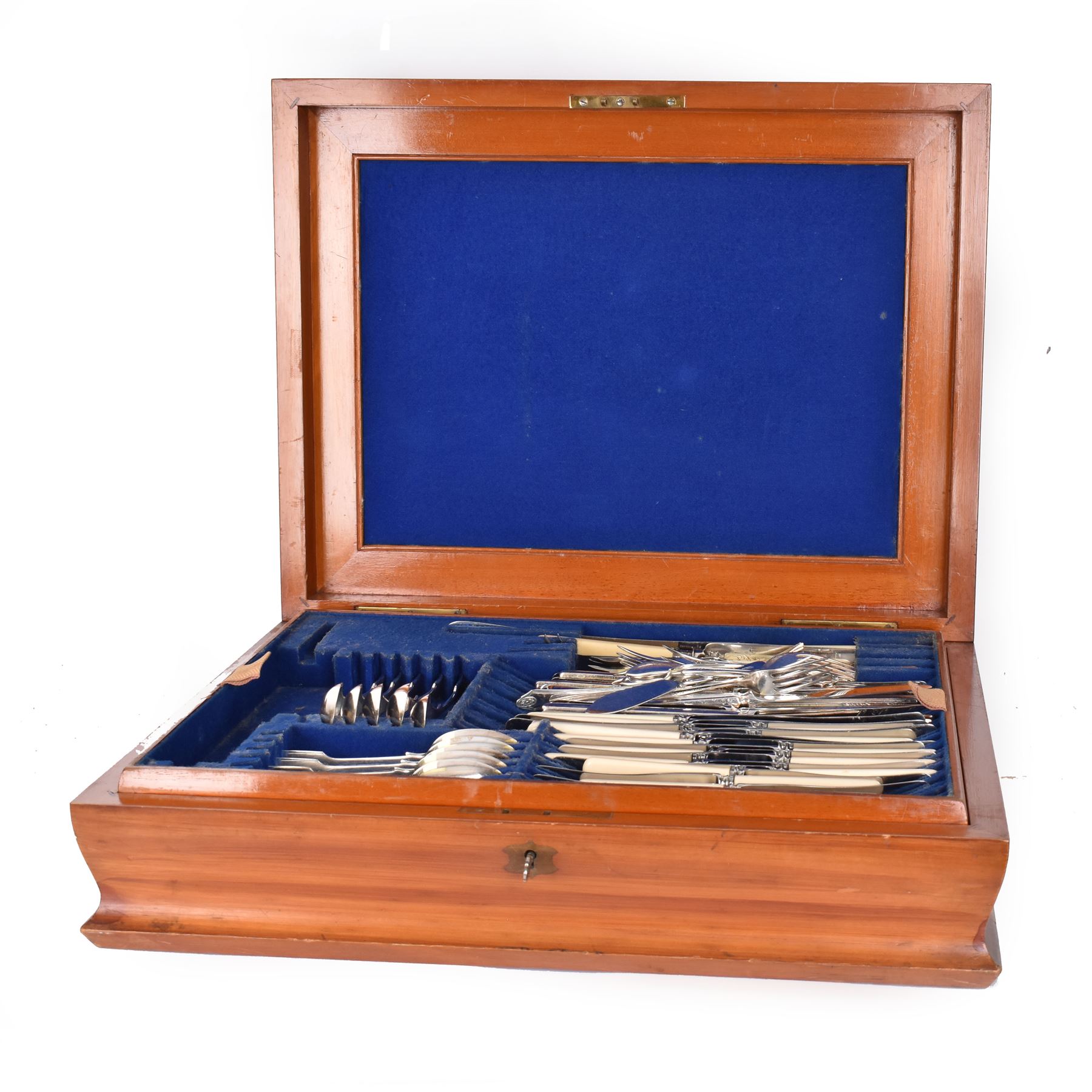 Early 20th century mahogany canteen box, containing selection of matched silver plated cutlery