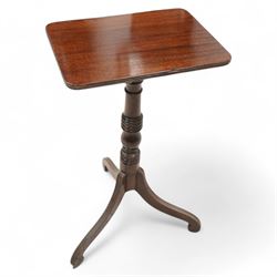 Regency mahogany occasional table, rectangular top with reeded edge, over a turned pedestal with spayed supports and scrolled feet (W41cm D29cm H73cm); Georgian mahogany tilt-top occasional table, octagonal top with inlaid edge on a turned pedestal with arched tripod base (W53cm H75cm) (2)