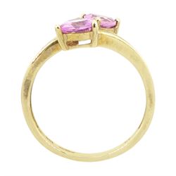 9ct gold two stone heart cut pink sapphire ring, with diamond set shoulders, hallmarked