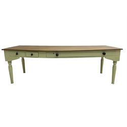 Large 20th century farmhouse style dining table, rectangular oak top on pale green painted base fitted with drawers, on turned supports