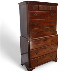 George III mahogany chest-on-chest, projecting moulded cornice, fitted with three short over six long graduating drawers, on bracket feet