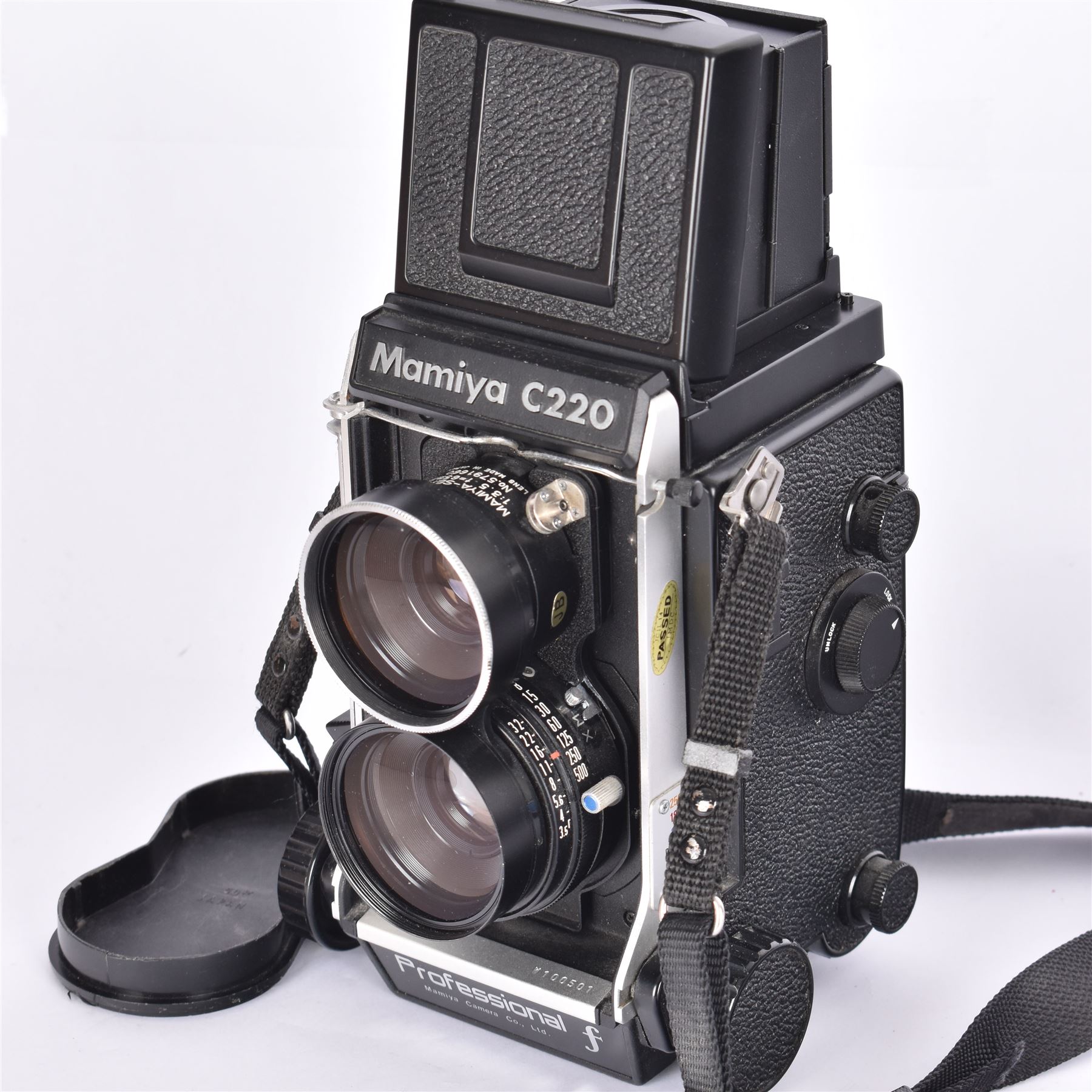 Mamiya C220 Professional F TLR camera, date code JB circa 1980s, serial no. W100501, with twin Mayima-Sekor 1:3.5 f=65mm lens, serial no. 5791660