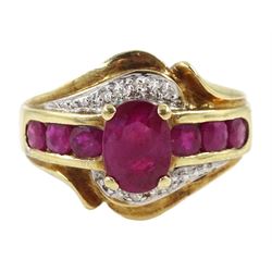 Gold ruby and diamond cluster ring, stamped 10K