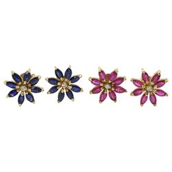 Pair of gold ruby and diamond flowerhead stud earrings and a pair of sapphire and diamond flowerhead stud earrings, both 9ct