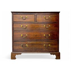 George III oak chest, rectangular top with moulded edge over two short and three long grad...