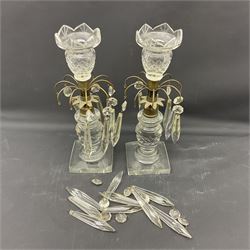 Collection of 18th century and later cut glass, including a pair of Victorian onion shaped decanters with elongated necks and hobnail cut decoration, together with a similar jug, of tapering form with C handle and an Georgian cut glass jug, with stepped decoration to neck and square cut decoration to body, tallest jug H30cm