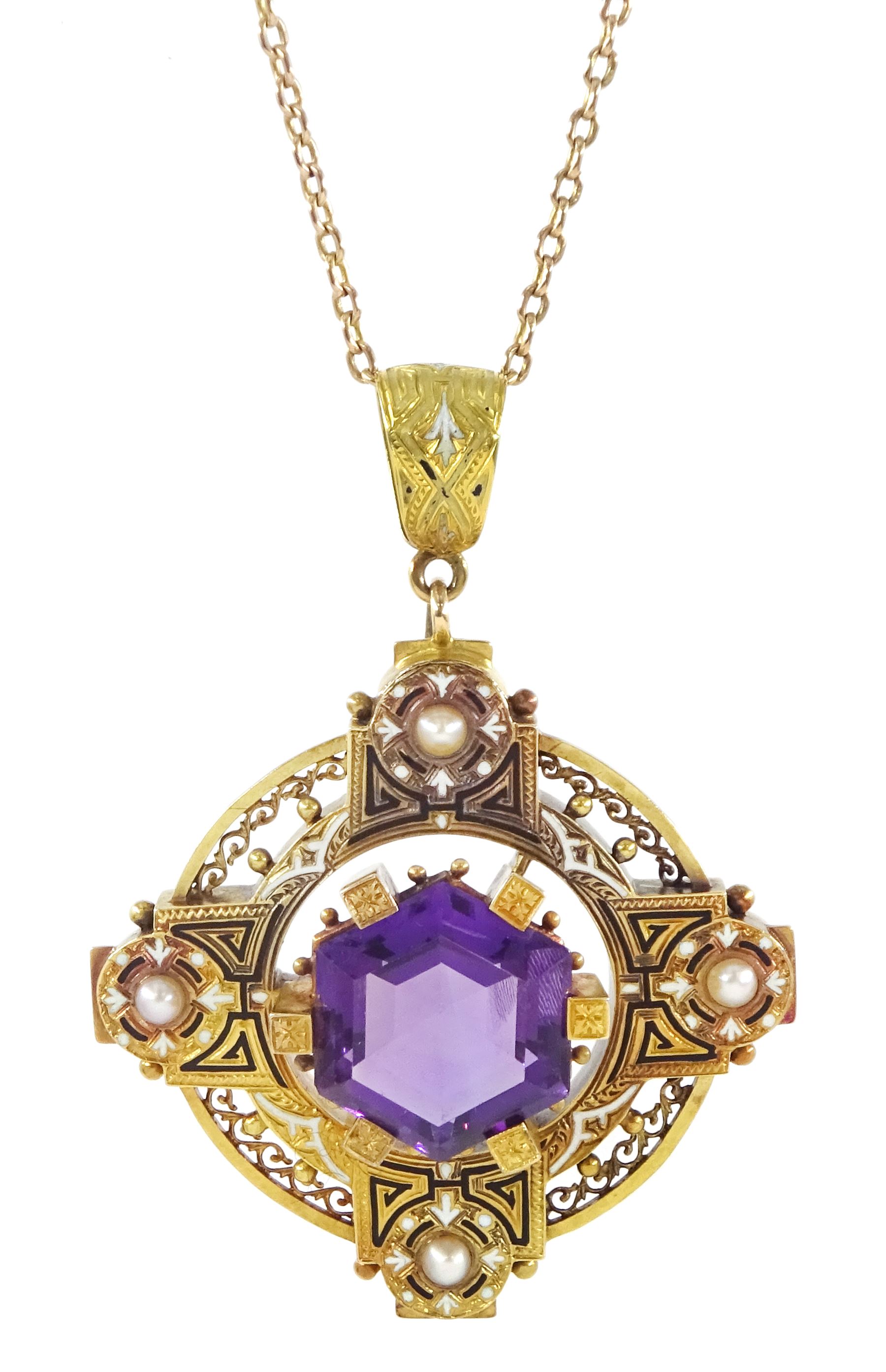 Victorian gold Etruscan Revival amethyst, enamel and pearl cross design pendant, the central hexagonal amethyst, with pearl, black and white enamel surround, within an a open pierced work frame, on gold cable link chain necklace, stamped 9ct