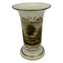 Early 19th century Derby porcelain to include a campana form inkwell, small bottle form vase, twin handled vase and flared rim vase, hand painted with a landscape scene, H10cm (4)