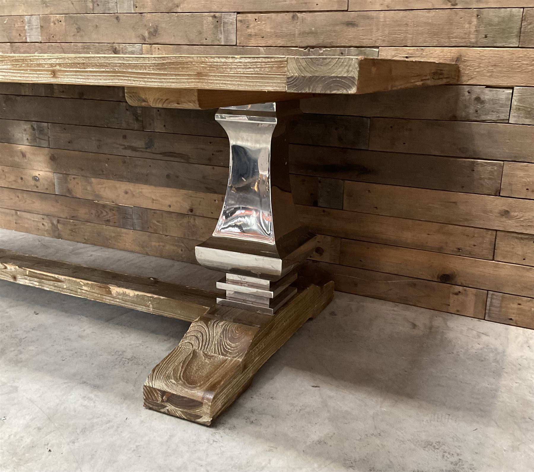 Large rectangular rustic wood and tile effect dining table, chrome pillars on stretcher base