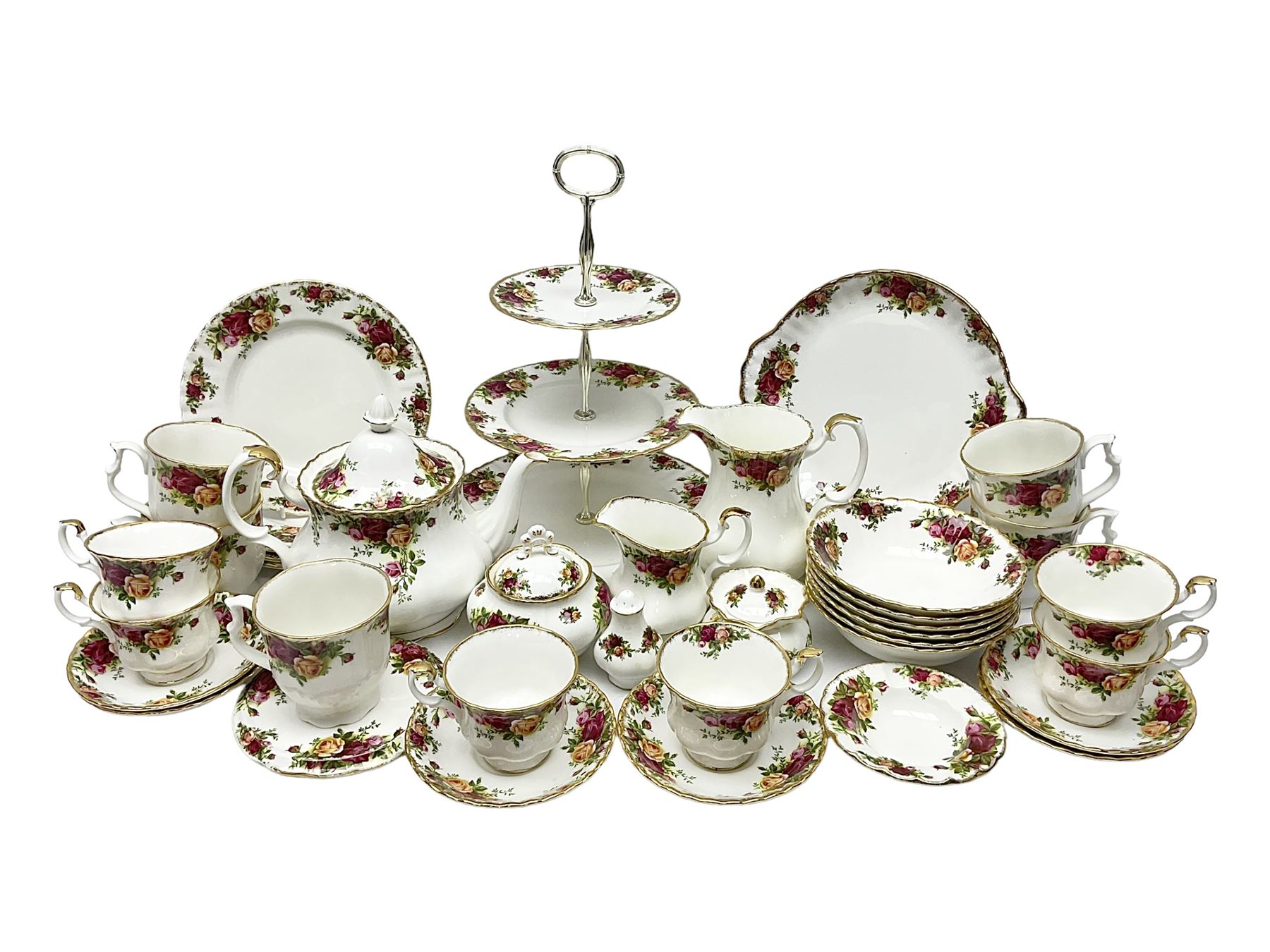 Royal Albert Old Country Roses pattern part tea service, to include teapot, water jug, six cups and saucers, covered sucrier, cake stand etc (39)