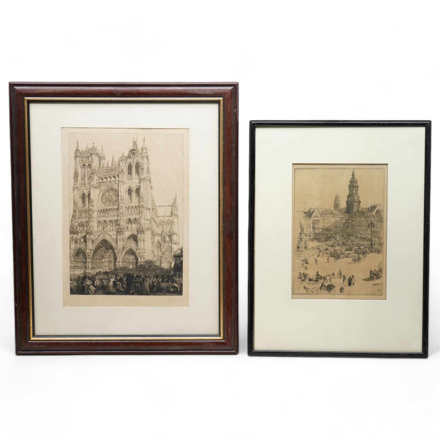 August Louis Lepere (French 1849-1918): 'Amiens Cathedral', drypoint etching signed in pencil 38cm x 26cm; Walter Zeising (German 1876-1933): Dresden Market - Germany, drypoint etching signed in pencil 29cm x 20cm (2)