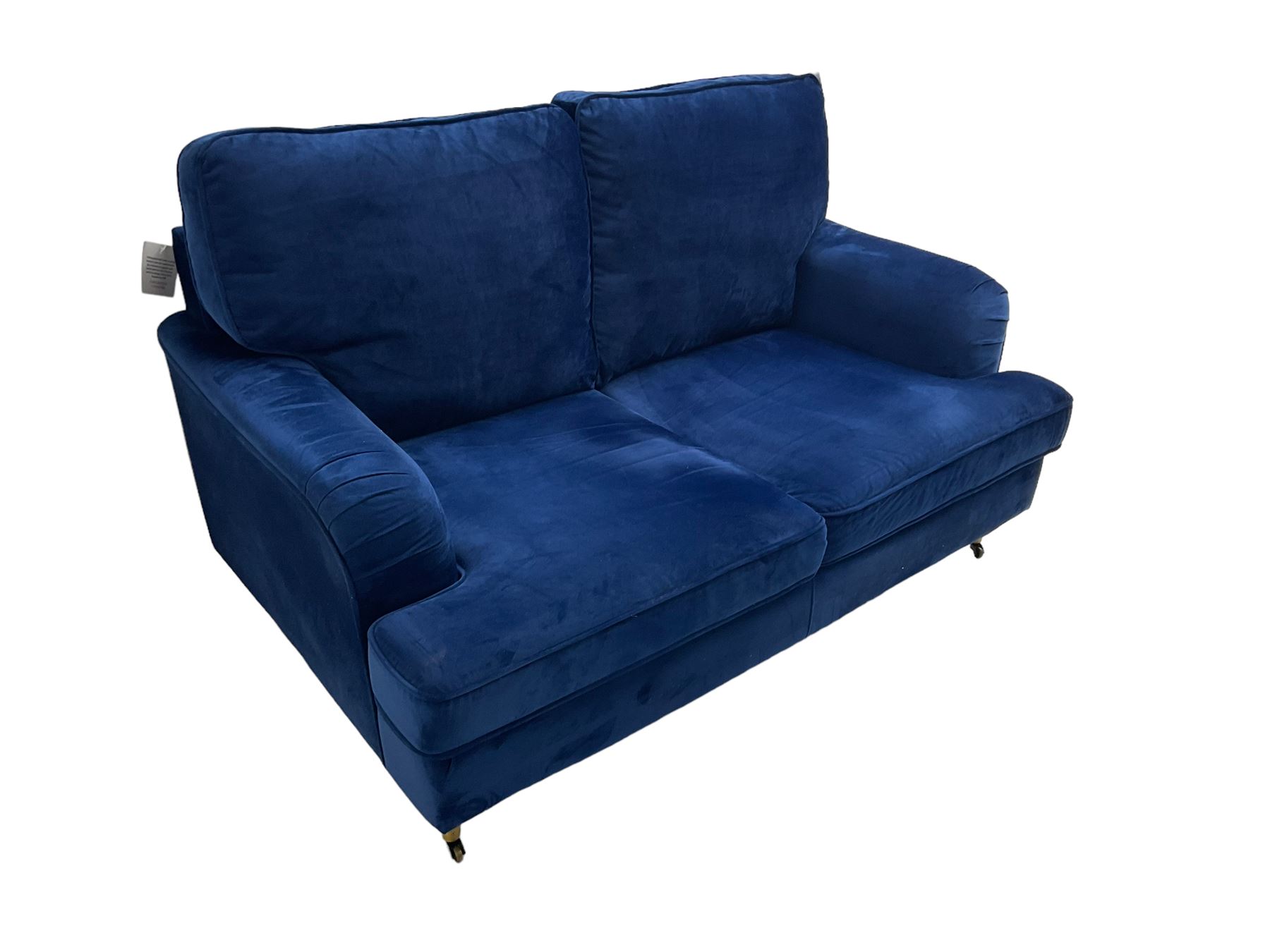 Howard design - two-seat sofa upholstered in blue fabric, traditional shape with rolled arms, on walnut finish turned feet with brushed metal cups and castors