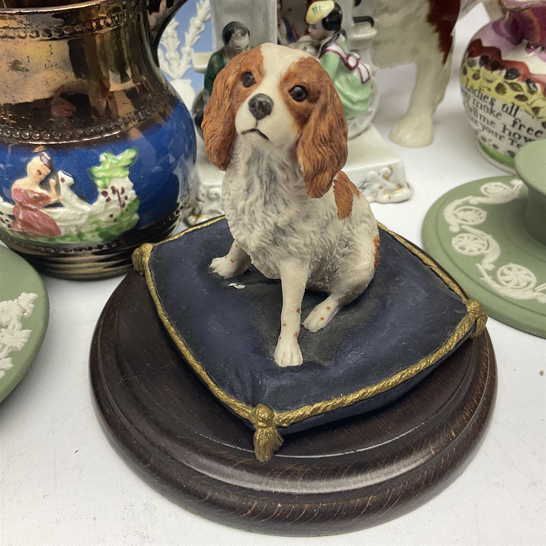 Beswick King Charles Spaniel, together with a Country Artists King Charles Spaniel, four pieces of Wedgwood Jasperware, two lustre jugs, etc