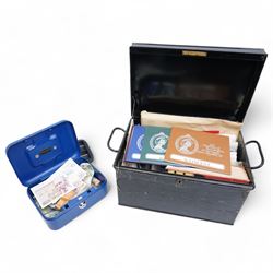 Black deed box and contents of stamps including modern commemoratives, stamp album, loose ...